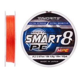 Шнур Favorite Smart PE 8x 150м #1.2/0.187mm 15lb/9.5kg червоно-жовтогарячий(1693.10.83), Діаметр, мм : 0.187, Розривне навантаження, кг : 9.5