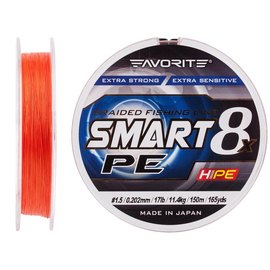 Шнур Favorite Smart PE 8x 150м #1.5/0.202mm 17lb/11.4kg красно-оранжевый (1693.10.84), Диаметр, мм: 0.202, Разрывная нагрузка, кг : 11.4