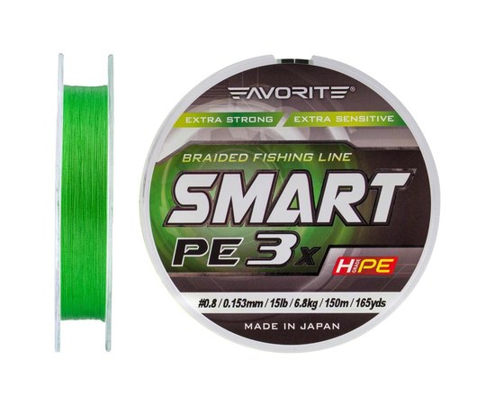 Шнур Favorite Smart PE 3x 150м #0.8/0.153mm 15lb/6.8kg зеленый (1693.10.67), Диаметр, мм: 0.153, Разрывная нагрузка, кг : 6.8