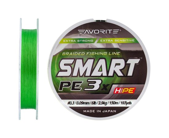 Шнур Favorite Smart PE 3x 150м #0.3/0.09mm 6lb/2.9kg зелений (1693.10.63), Діаметр, мм : 0.09, Розривне навантаження, кг : 2.9