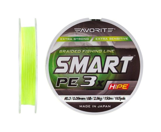 Шнур Favorite Smart PE 3x 150м #0.3/0.09mm 6lb/2.9kg желтый флюоресцентный (1693.10.53), Диаметр, мм: 0.09, Разрывная нагрузка, кг : 2.9