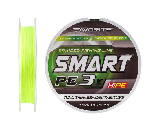 Шнур Favorite Smart PE 3x 150м #1.2/0.187mm 20lb/9.5kg желтый флюоресцентный (1693.10.59), Диаметр, мм: 0.187, Разрывная нагрузка, кг : 9.5