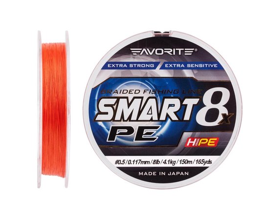 Шнур Favorite Smart PE 8x 150м #0.5/0.117mm 8lb/4.1kg красно-оранжевый (1693.10.79), Диаметр, мм: 0.117, Разрывная нагрузка, кг : 4.1