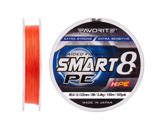 Шнур Favorite Smart PE 8x 150м #0.6/0.132mm 9lb/5.4kg червоно-жовтогарячий(1693.10.80), Діаметр, мм : 0.132, Розривне навантаження, кг : 5.4