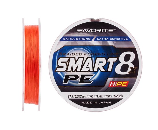 Шнур Favorite Smart PE 8x 150м #1.5/0.202mm 17lb/11.4kg красно-оранжевый (1693.10.84), Диаметр, мм: 0.202, Разрывная нагрузка, кг : 11.4