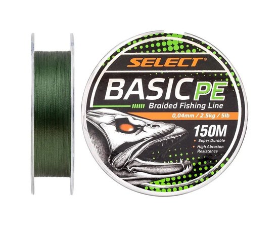 Шнур Select Basic PE 150m 0.04mm 5lb/2.5kg темно-зелений (1870.18.18), Діаметр, мм : 0.04, Розривне навантаження, кг : 2.5