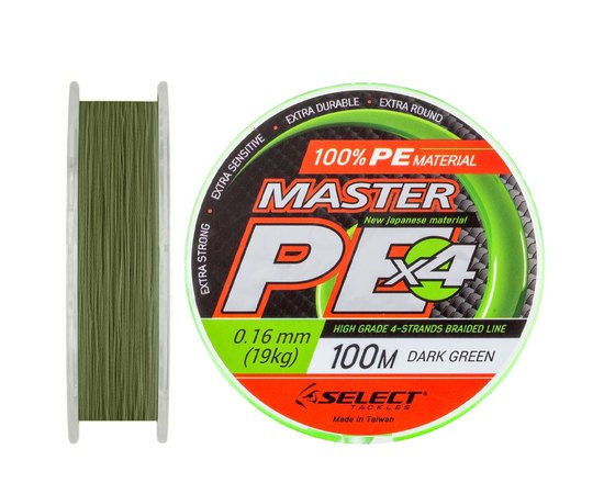 Шнур Select Master PE 100m 0.16mm 19kg темно-зелений (1870.01.45), Діаметр, мм : 0.16, Розривне навантаження, кг : 19