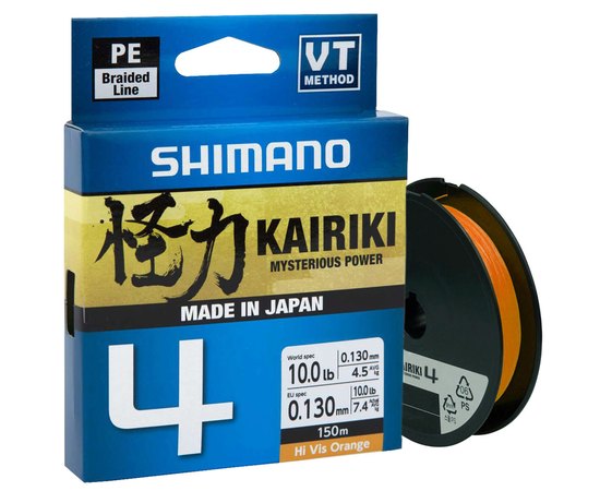 Шнур Shimano Kairiki 4 PE Hi-Vis Orange 150m 0.13mm 7.4kg (LDM54TE1013015H), Диаметр, мм: 0.13, Разрывная нагрузка, кг : 7.4