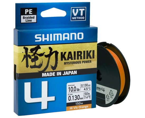 Шнур Shimano Kairiki 4 PE Hi-Vis Orange 150m 0.16mm 8.1kg (LDM54TE1516015H), Диаметр, мм: 0.16, Разрывная нагрузка, кг : 8.1