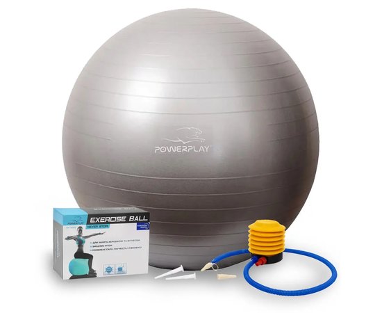 М'яч для фітнесу (фітбол) PowerPlay 4001 Ø65 cm Gymball Сірий + насос (PP_4001_65_Grey), Колір: Сірий