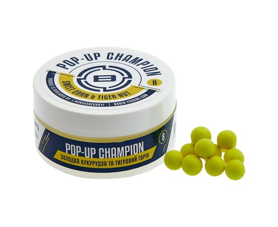 Бойлы Brain Champion Pop-Up Sweet Corn & Tiger Nut кукуруза + тигровий орех 8mm 34g (1858.21.39), Вкус : Кукуруза, тигровий орех