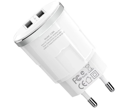 Зарядний пристрій Hoco Thunder C38A 2USB, 2.4A White (000001743)