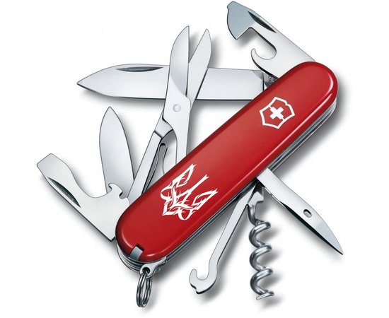 Багатофункціональний ніж Victorinox Climber Ukraine Тризуб готичний білий на червоному 1.3703_T0630u