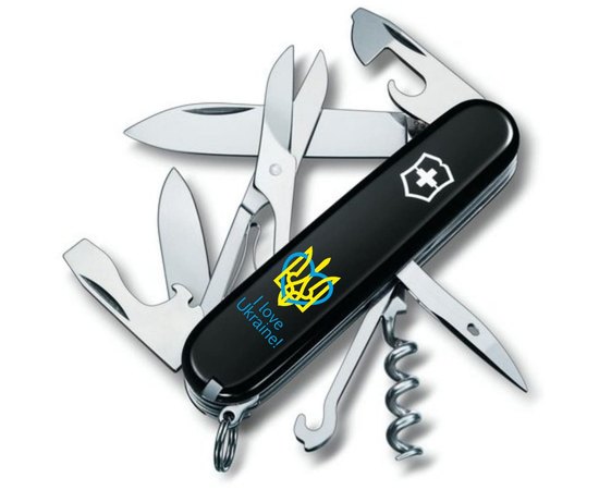 Многофункциональный нож Victorinox Climber Ukraine Трезубец с сердцем + I love Ukraine черный 1.3703.3_T1310u, Принт: Трезубец с сердцем, I love Ukraine