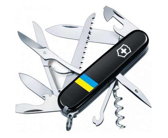 Многофункциональный нож Victorinox Huntsman Ukraine Герб на флаге гориз. 1.3713.3.T3040p, Колір: Black, Принт: Герб на флаге горизонтальный