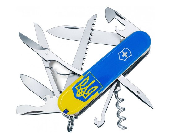 Багатофункціональний ніж Victorinox Huntsman Ukraine Герб на прапорі верт.1.3713.7.T3030p, Колір: Blue/Yellow, Принт: Герб на прапорі вертикальний