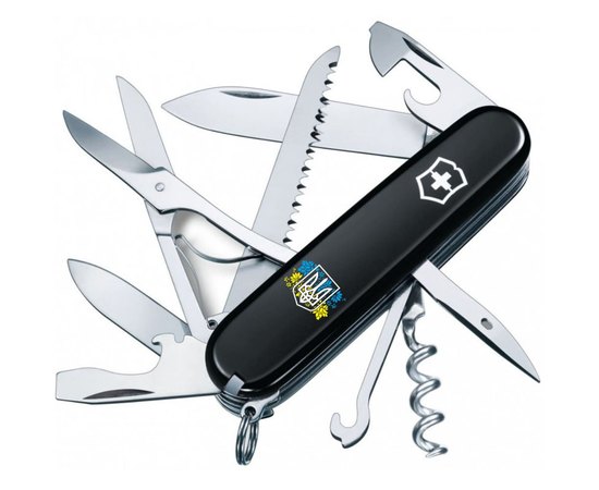 Багатофункціональний ніж Victorinox Huntsman Ukraine Герб України з квітковим прапором чорний 1.3713.3_T1280u, Колір: Black, Принт: Герб Украины с цветочным флагом