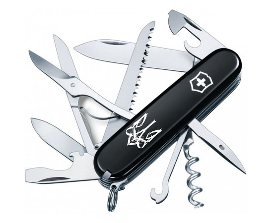 Багатофункціональний ніж Victorinox Huntsman Ukraine Тризуб готичний білий на чорному 1.3713.3_T0630u, Колір: Black, Принт: Готовий тризуб білий на чорному