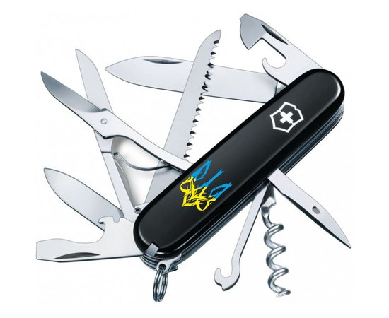 Багатофункціональний ніж Victorinox Huntsman Ukraine Тризуб готичний синьо-жовтий на чорному .3713.3_T0636u, Колір: Black, Принт: Тризуб готичний синьо-жовтий на чорному