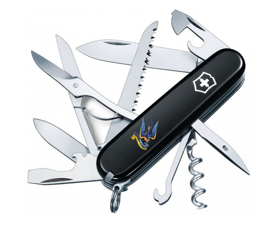 Многофункциональный нож Victorinox Huntsman Ukraine Трезубец-Ласточка + Героям слава черный 1.3713.3_T1220u, Колір: Black, Принт: Тризуб-Ластівка та Героям слава