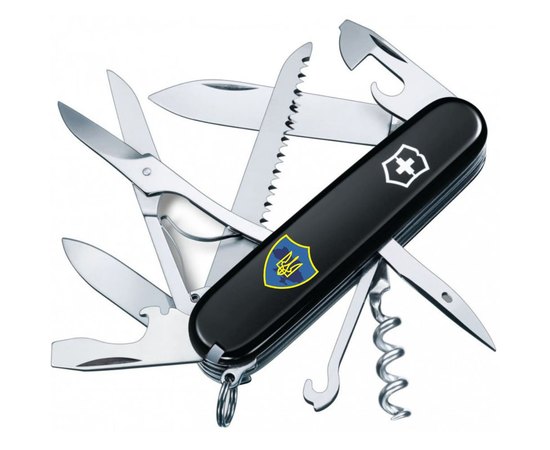 Багатофункціональний ніж Victorinox Huntsman Ukraine Тризуб на щиті чорний 1.3713.3_T1080u, Колір: Black, Принт: Тризуб на щиті чорний