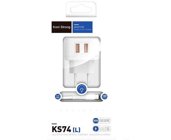 Зарядний пристрій Koni Strong Lightning Cable KS74 (L) 2USB, 2.4A White (000006690)