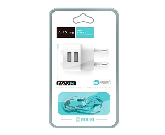 Зарядний пристрій Koni Strong Micro USB cable KS73M 2USB, 2.4A White (000006682)