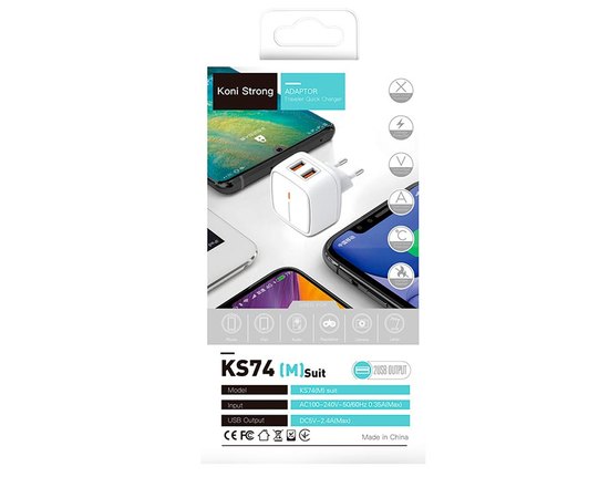 Зарядний пристрій Koni Strong Micro USB Cable KS74 (M) 2USB, 2.4A White (000006691)