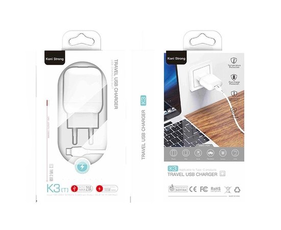 Зарядное устройство Koni Strong Type-C cable K3 (T) 1USB, 2.1A, 10.5W White (000005270)