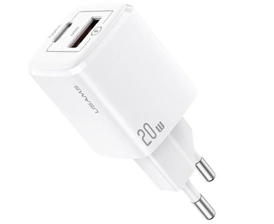 Зарядний пристрій USAMS T37 Super si Fast Charger US-CC128 1USB/1Type-C, 20W, PD3.0/QC White (000007176)