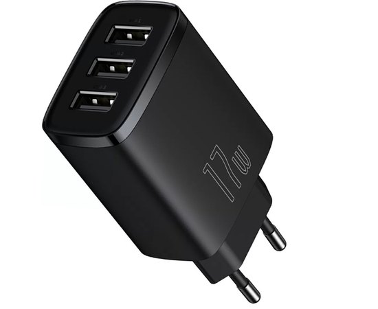 Зарядний пристрій  Baseus Compact Charger 3U 17W EU 3USB, QC, 3.4A Black (000009267), Колір: Black