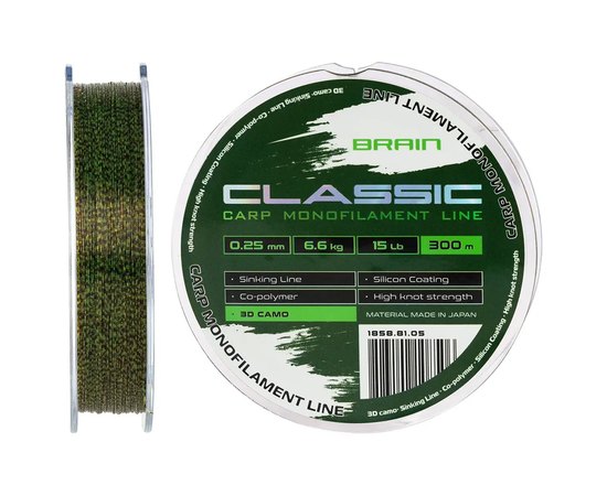 Ліска Brain Classic Carp Line 300m 0,25mm 6,6kg 15lb 3D camo (1858.81.05), Діаметр, мм : 0.25