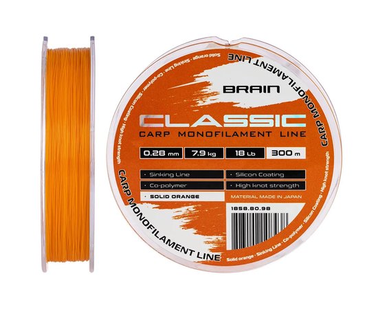 Ліска Brain Classic Carp Line 300m 0,28mm 7,9kg 18lb Solid orange (1858.80.98), Діаметр, мм : 0.28