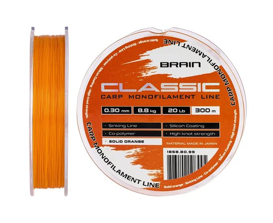 Ліска Brain Classic Carp Line 300m 0,30mm 8,8kg 20lb Solid orange (1858.80.99), Діаметр, мм : 0.30