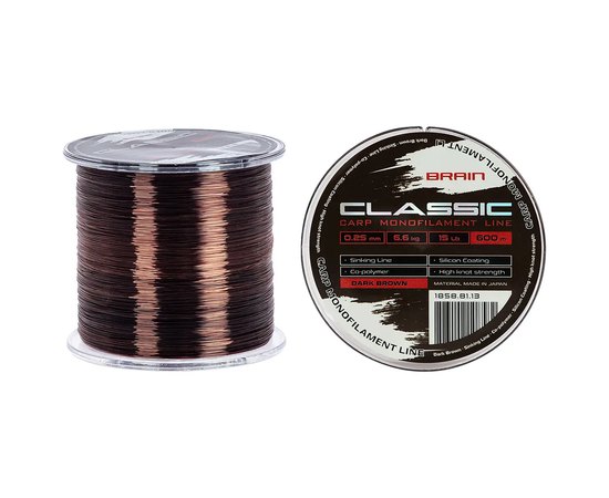 Ліска Brain Classic Carp Line 600m 0,25mm 6,6kg 15lb Dark brown (1858.81.13), Діаметр, мм : 0.25