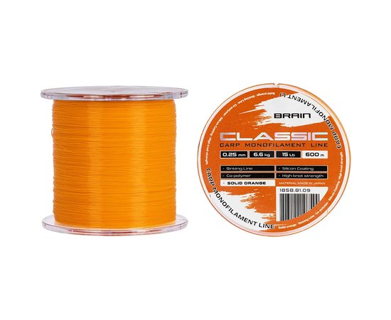 Леска Brain Classic Carp Line 600m 0,25mm 6,6kg 15lb Solid orange (1858.81.09), Диаметр, мм: 0.25