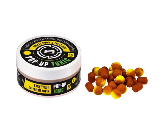 Бойли Brain Toxic Pop-Up Sweet Corn & Tiger Nut кукуруза + тигровий горіх 10mm + 8x12mm 34g (1858.22.03), Вкус : Кукурудза, тигровий горіх, Діаметр, мм : 10+8х12