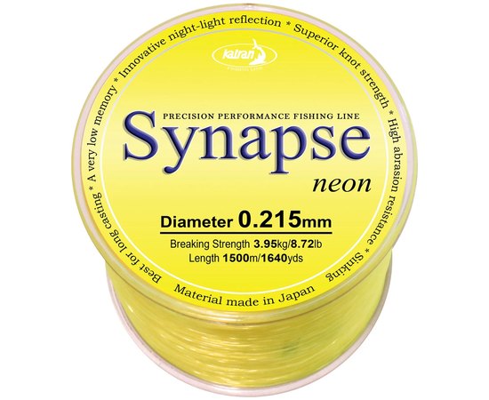 Леска Katran Synapse Neon 1500m neon-yellow 0.215mm 8.72lb (2500000213601), Диаметр, мм: 0.215, Разрывная нагрузка, lb : 8.72