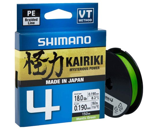 Шнур Shimano Kairiki 4 PE Mantis Green 150m 0.19mm 11.6kg (LDM54TE1819015G), Діаметр, мм : 0.19, Розривне навантаження, кг : 11.6