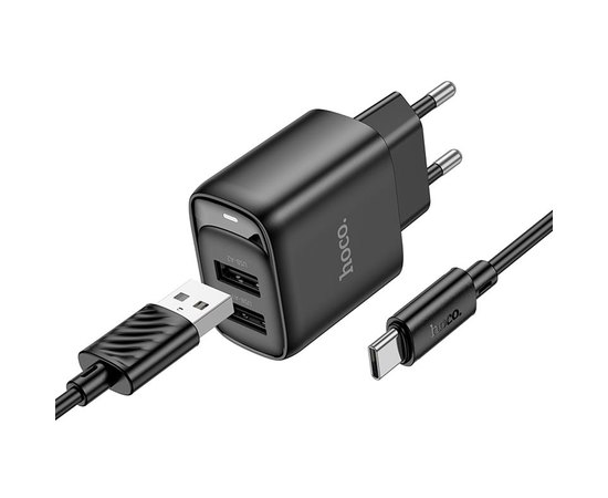 Зарядное устройство Hoco Type-C Cable Cable Smart Dual-port charger C141A 2USB. 2.1A/10.5W Black (000010917)