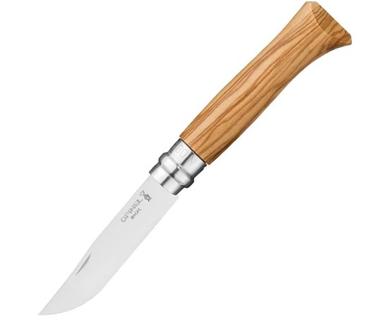 Нож Opinel №8 Inox оливковое дерево (002020), Цвет : Оливковый, Марка стали: Sandvik 12C27, Материал рукояти: Оливковое дерево